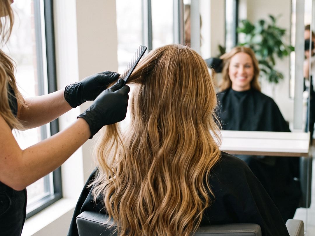 A client smiling in the mirror while her stylist sections her hair